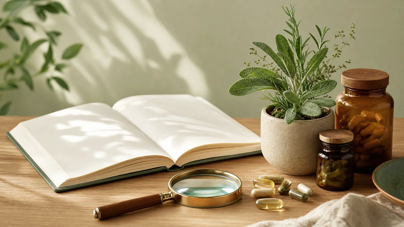 An open science journal beside supplement capsules and a magnifying glass on a desk