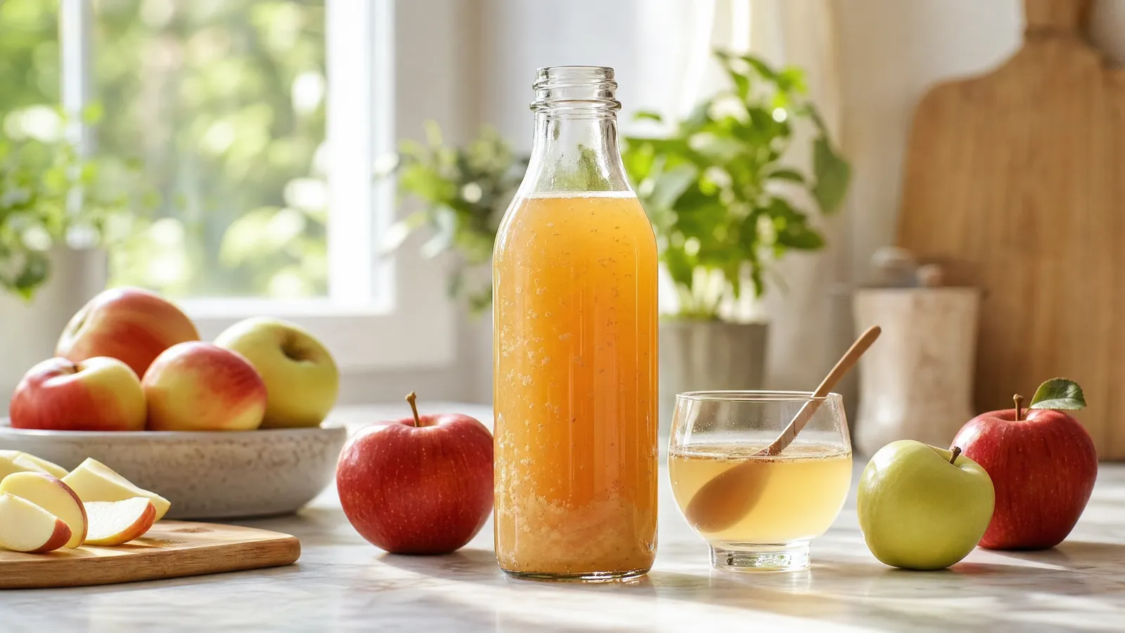 A bottle of raw apple cider vinegar beside fresh apples on a bright kitchen counter
