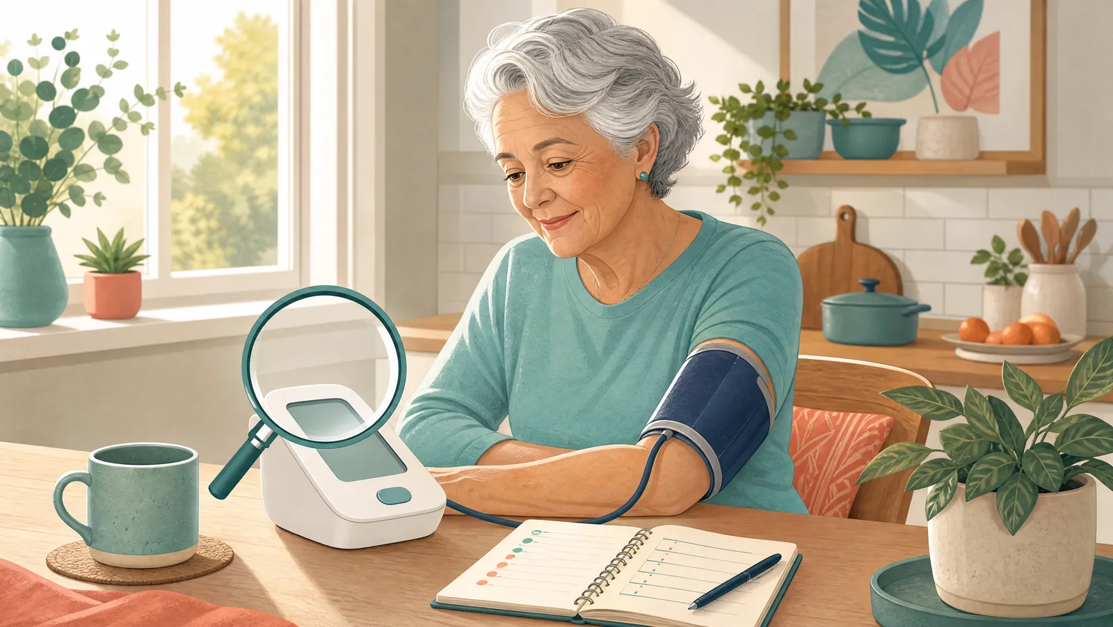 An older adult checks an upper-arm blood pressure monitor at a kitchen table, with a magnifying glass over the display symbolizing accuracy