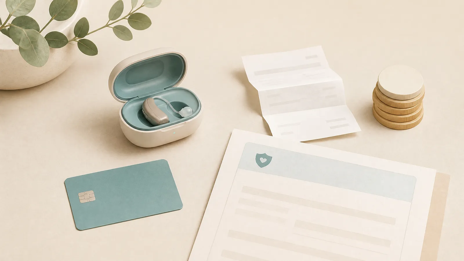A flat-lay of a hearing aid in its charging case beside a plain payment card, a folded receipt and a blank insurance form