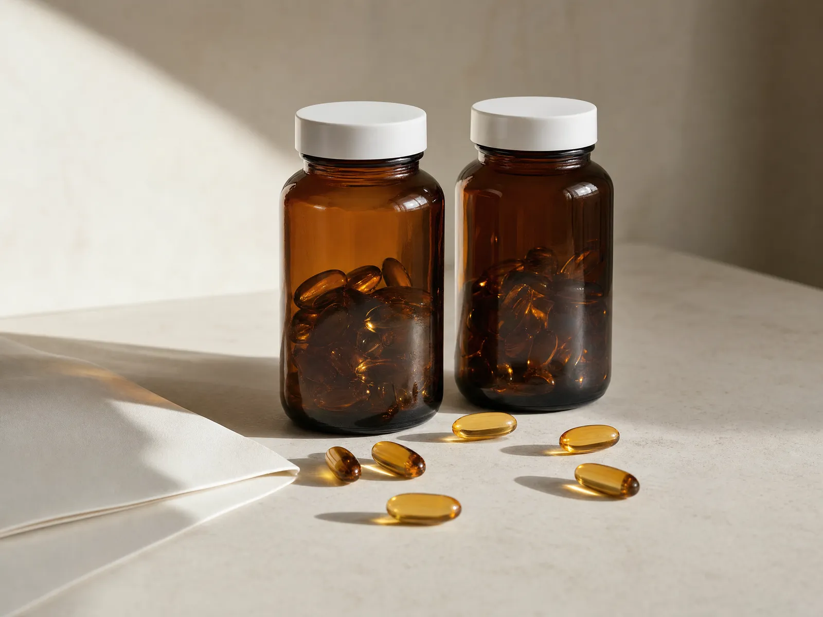 Two unlabeled amber supplement bottles standing side by side with soft-gel capsules scattered in front of them