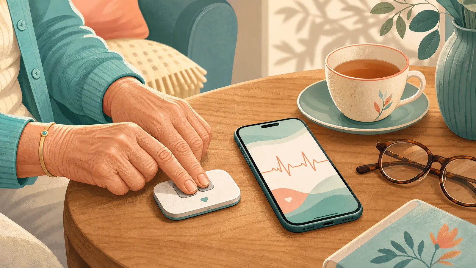 An older adult resting two fingers on a card-sized personal ECG sensor next to a smartphone showing a heart-rhythm trace