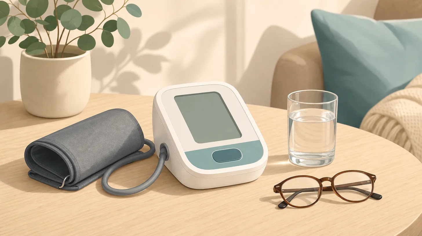An automatic upper-arm blood pressure monitor and cuff on a table beside a glass of water and reading glasses