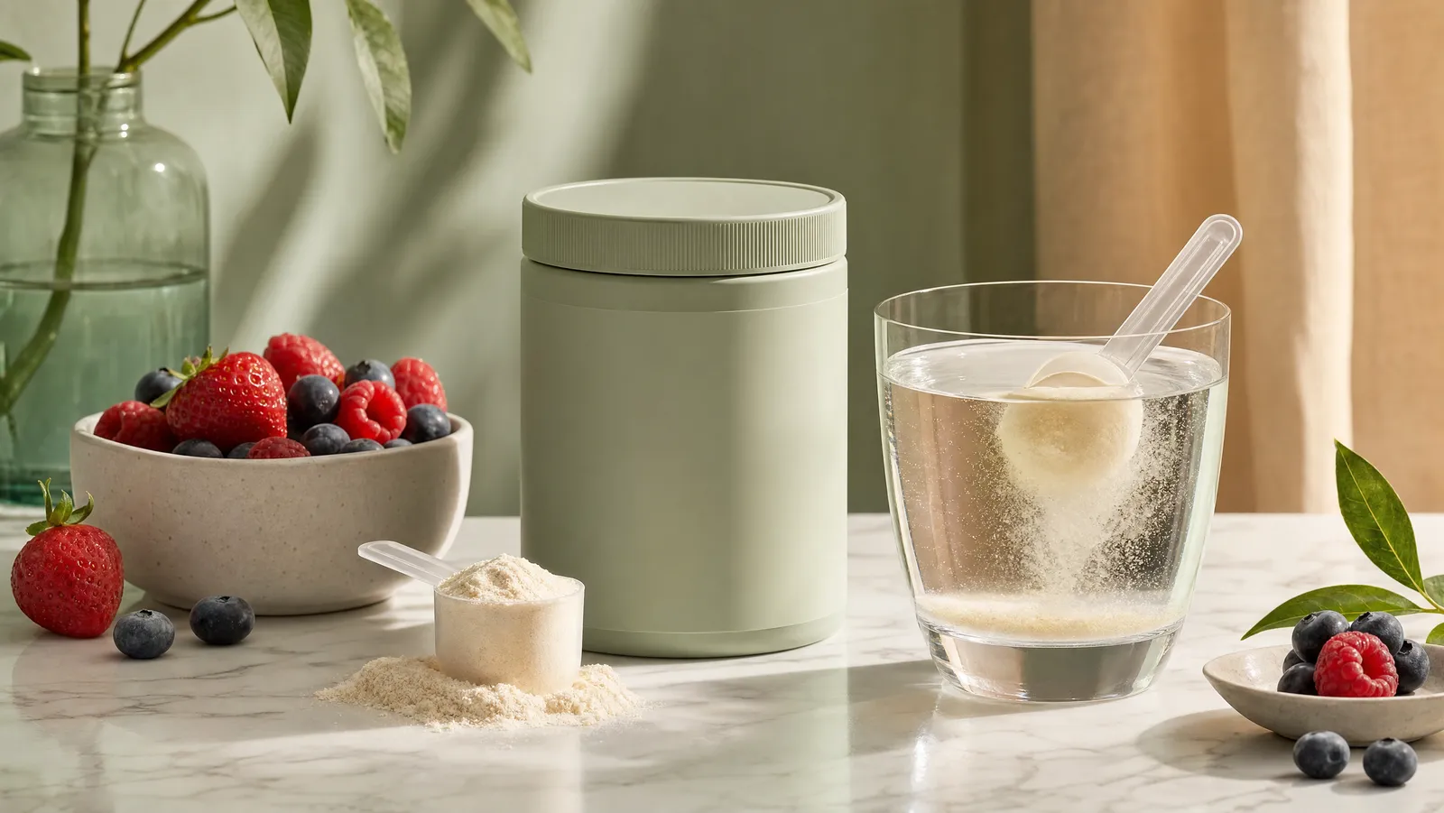 A scoop of collagen peptide powder beside a glass of water and fresh fruit on a bright surface