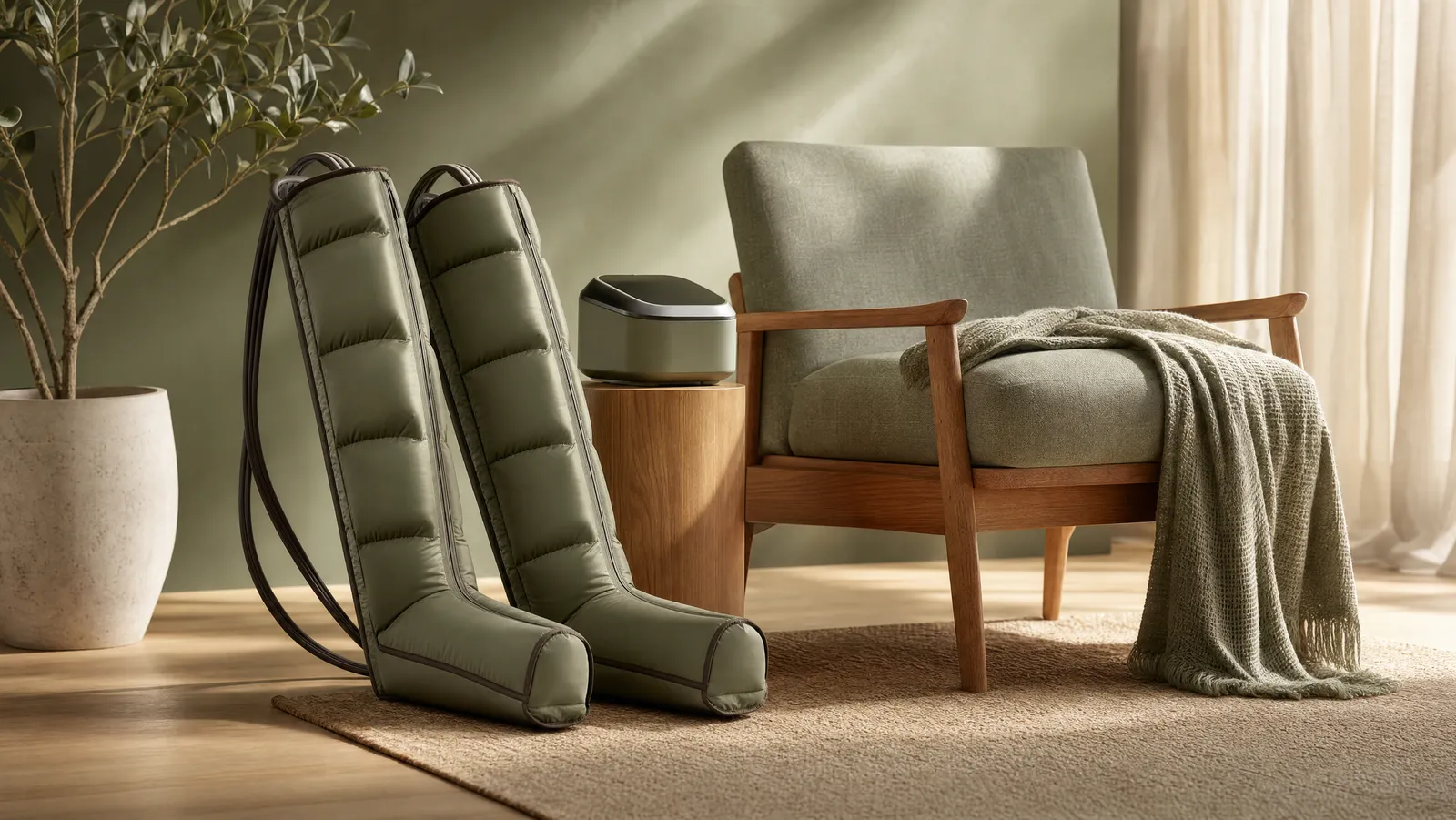 Air compression recovery boots beside a chair in a bright room