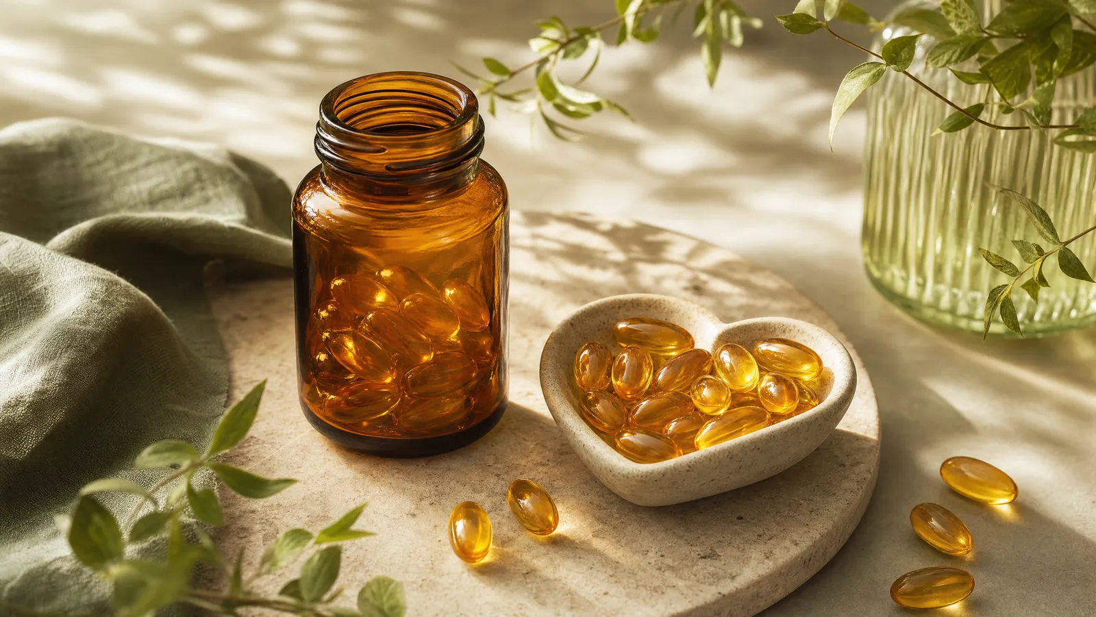 Golden CoQ10 softgels beside a supplement bottle on a softly lit surface
