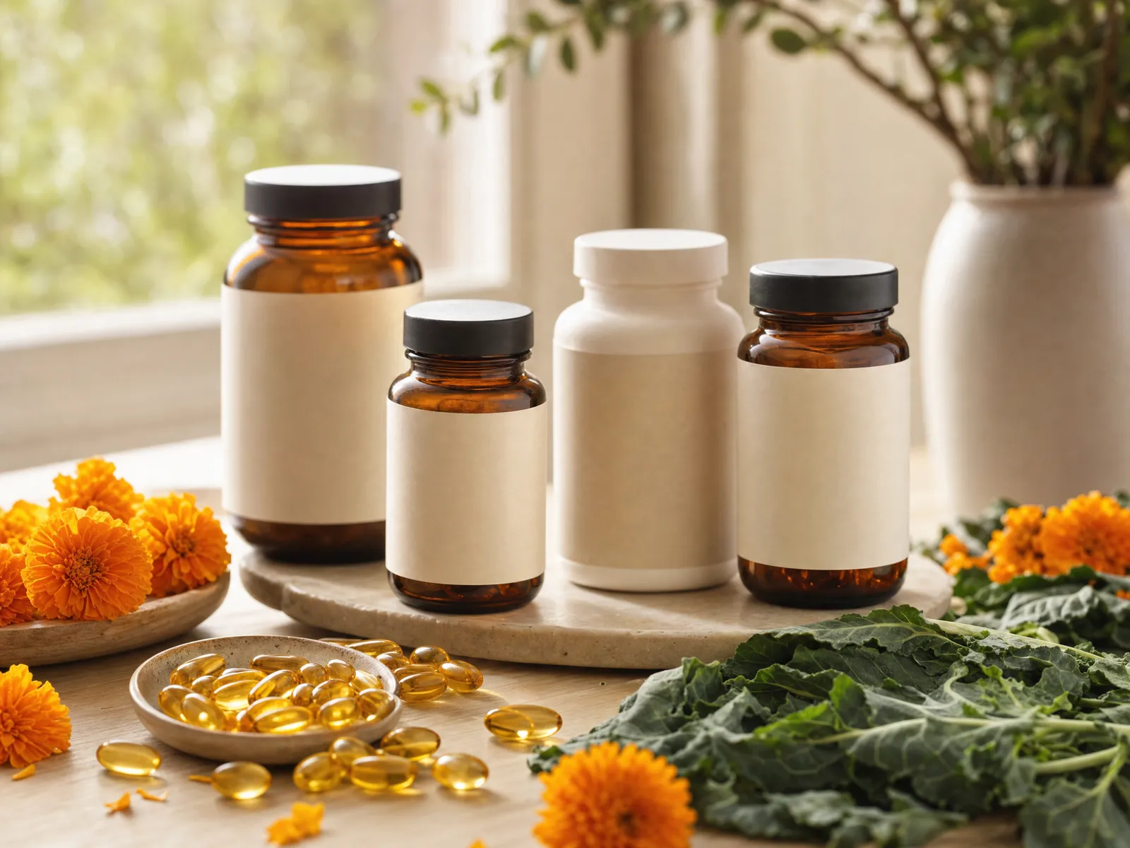 Unlabeled amber supplement bottles with golden softgels and marigold flowers on a wooden surface