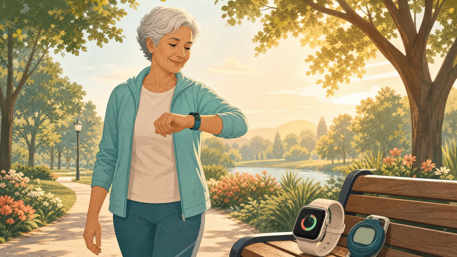 An older adult walking in a park glances at a slim fitness tracker band on their wrist