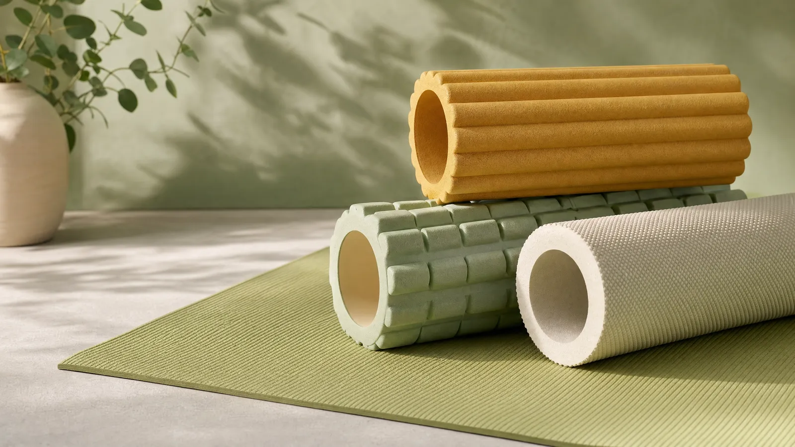 Foam rollers of different densities arranged on a bright exercise mat