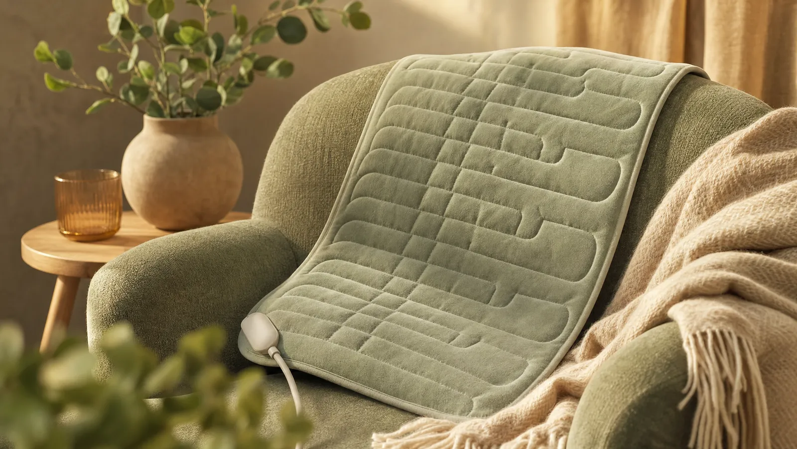 A cozy heating pad draped over a chair in warm light