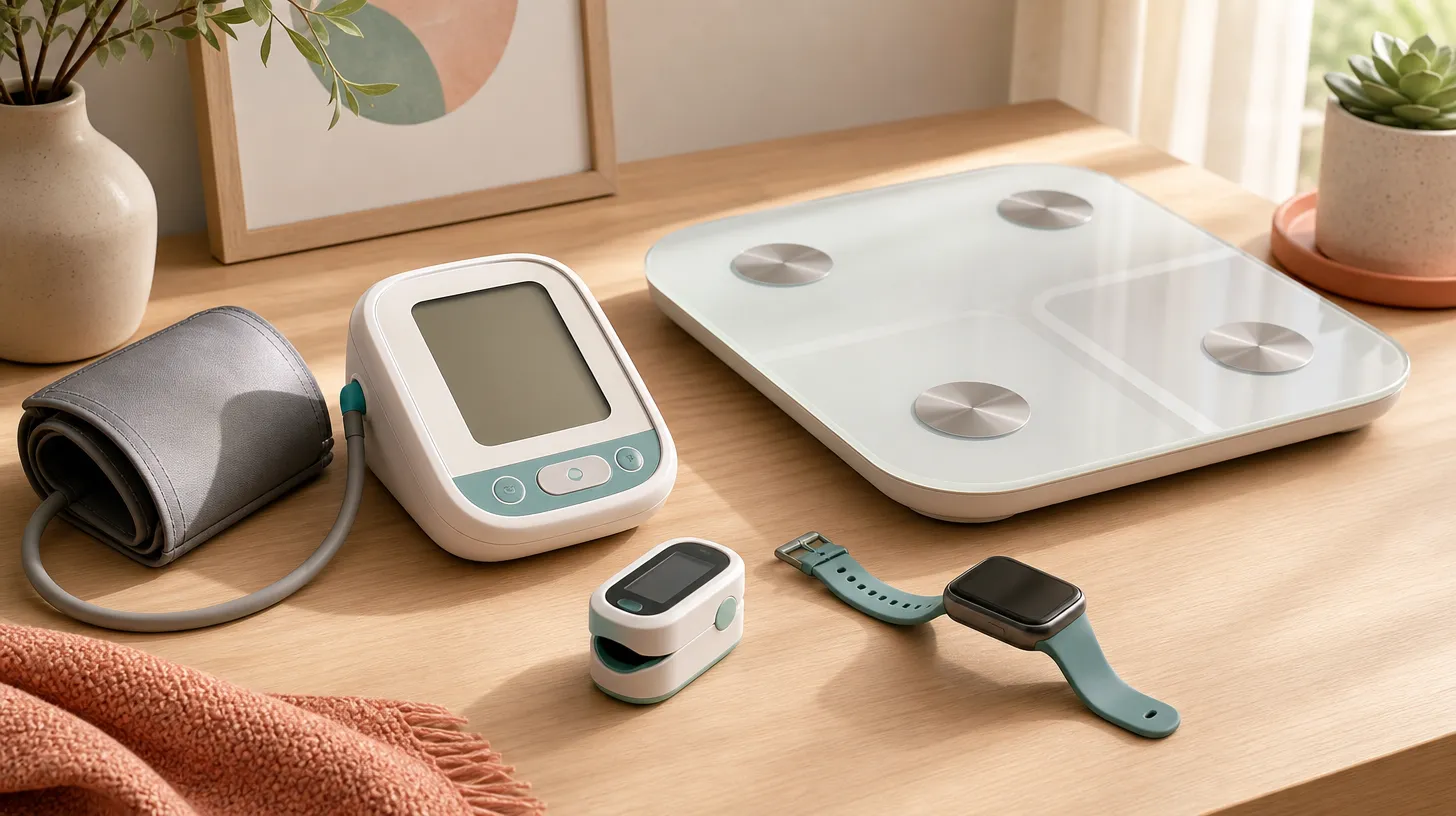 A blood pressure monitor, fingertip pulse oximeter, smart scale, and fitness tracker arranged on a table for at-home health monitoring