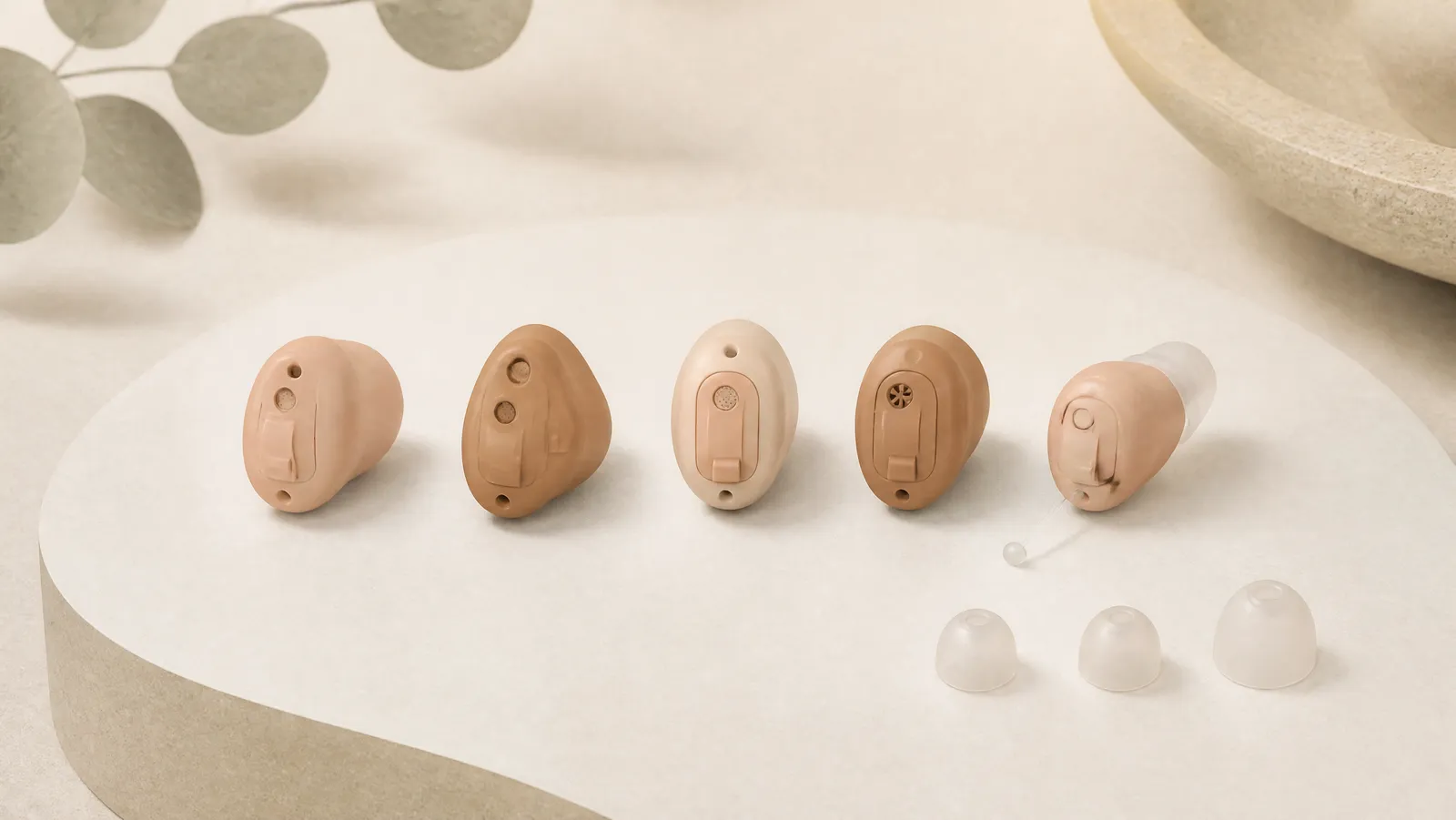 Five tiny in-canal hearing aids in a row on a pale surface, one with a silicone dome and pull-thread, beside three sizes of ear tip