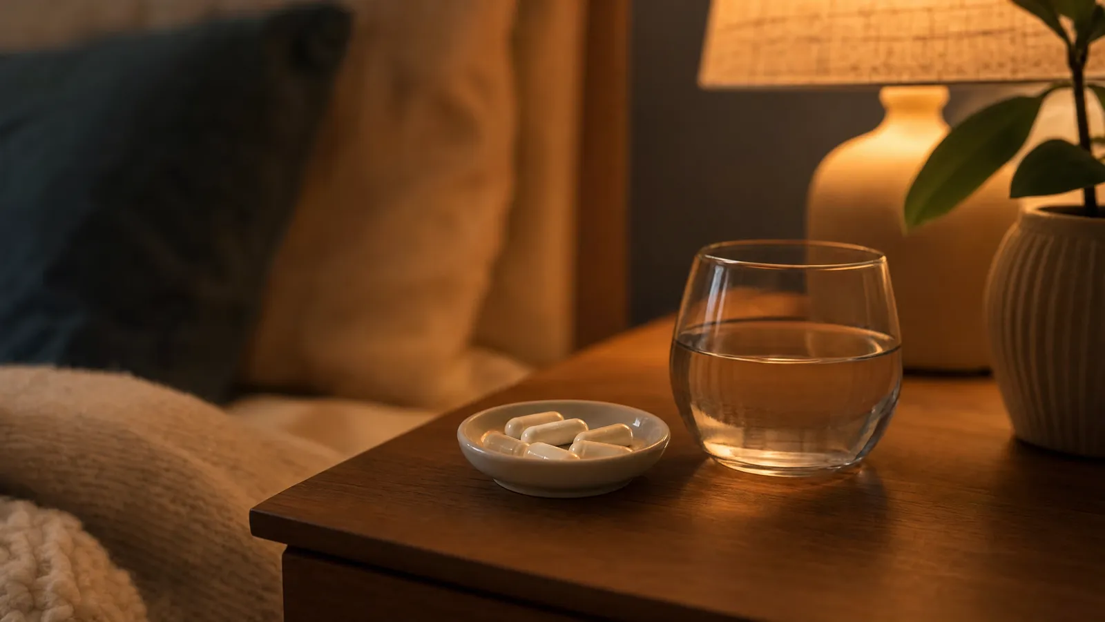 Magnesium supplement capsules and a glass of water on a nightstand by lamplight