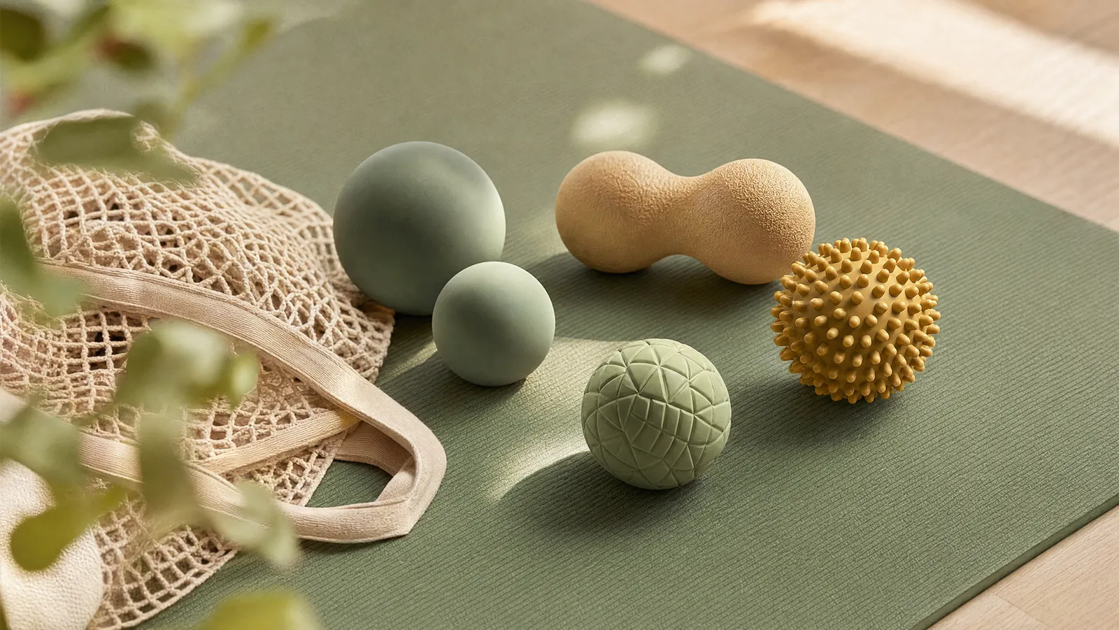 A set of massage and lacrosse balls on a bright exercise mat