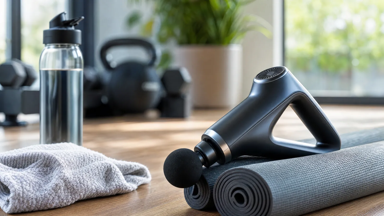 A percussive massage gun resting on a gym mat with workout gear