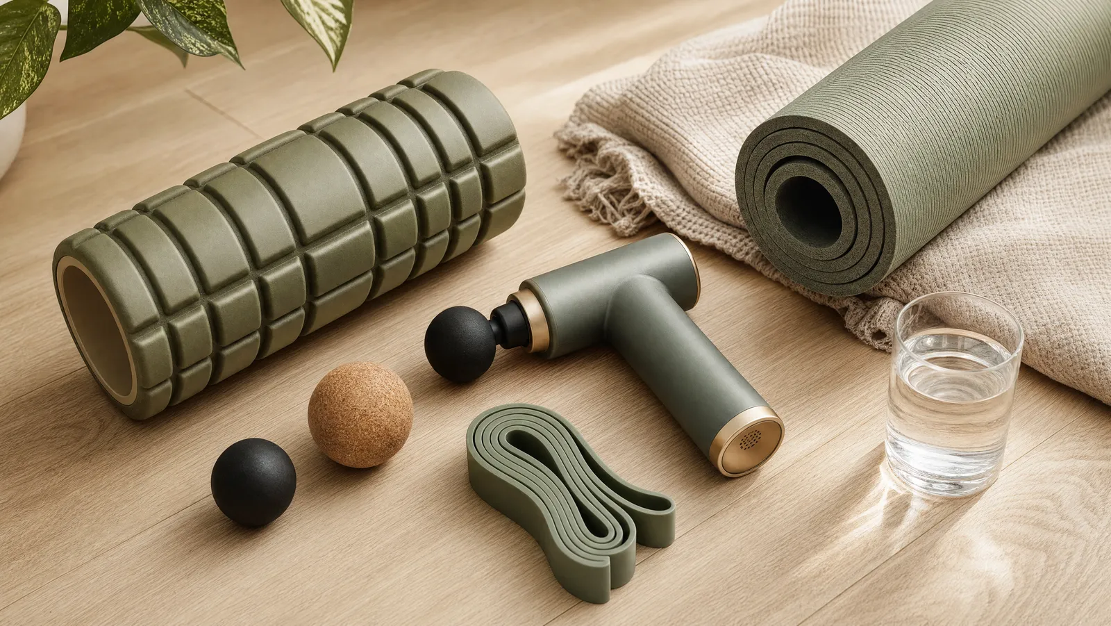 A foam roller, massage gun, massage balls, and resistance bands arranged on a bright exercise mat