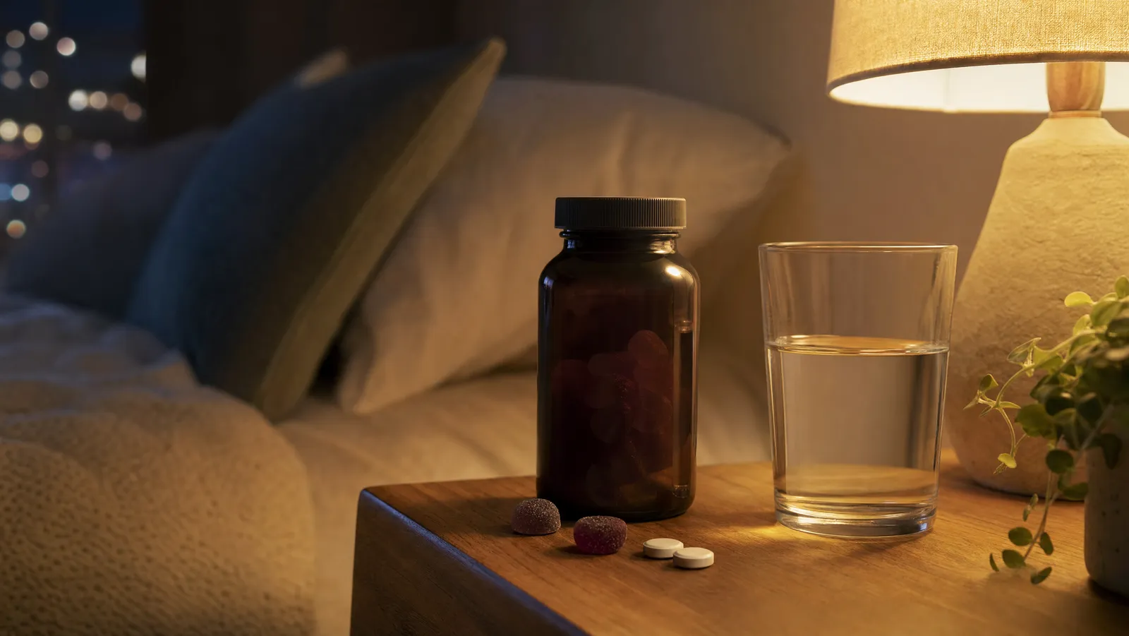 A supplement bottle with melatonin gummies and tablets on a nightstand by lamplight