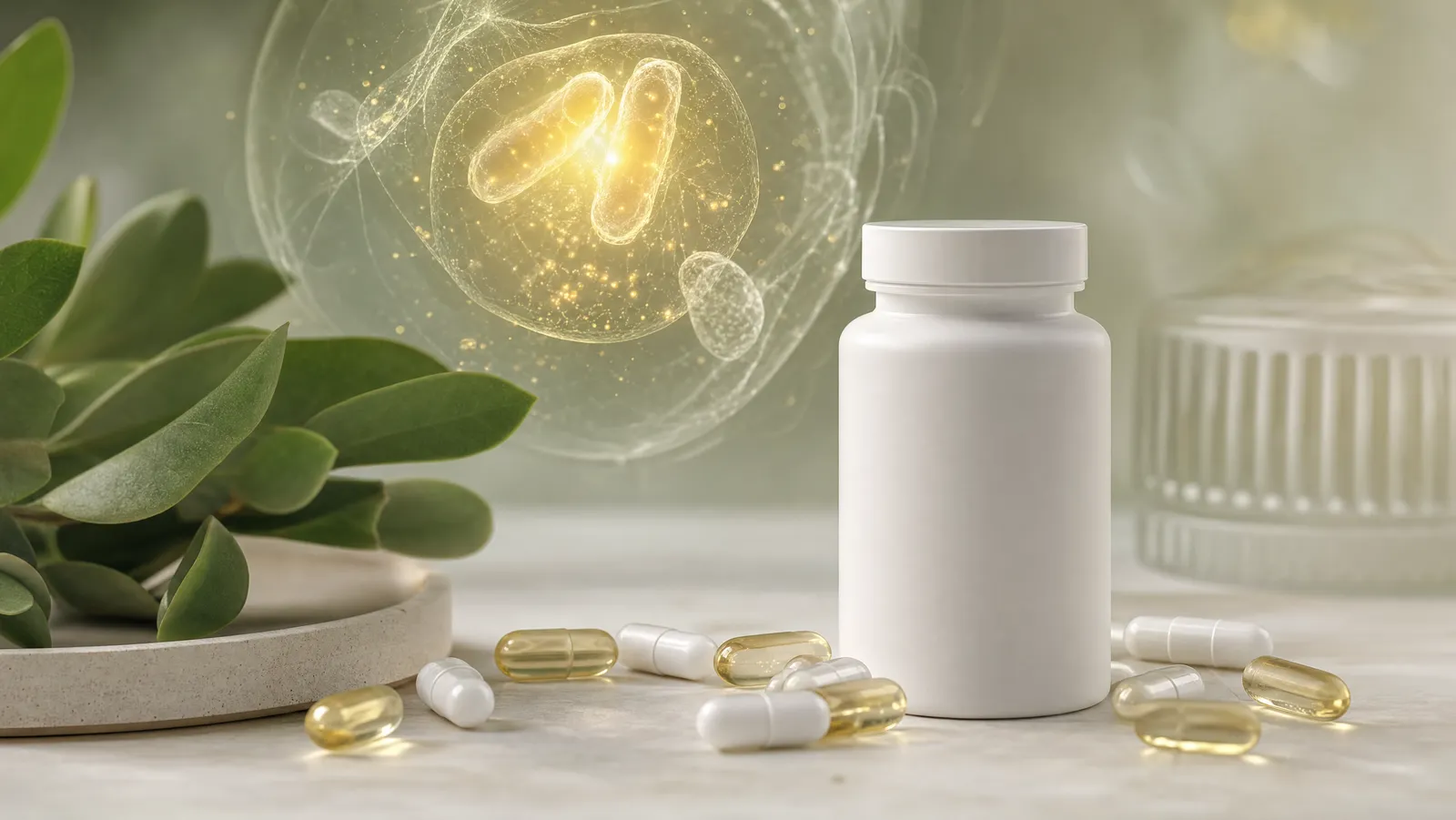 White supplement capsules and a bottle on a clean, softly lit surface