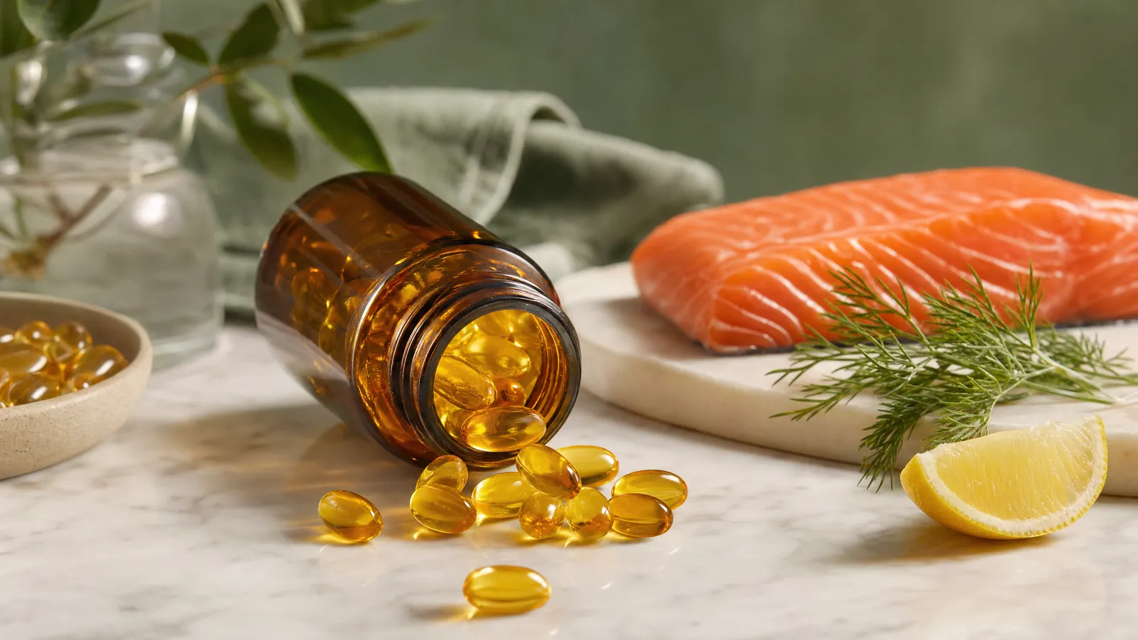 Amber fish oil softgels beside a small dish and fresh lemon on a bright counter