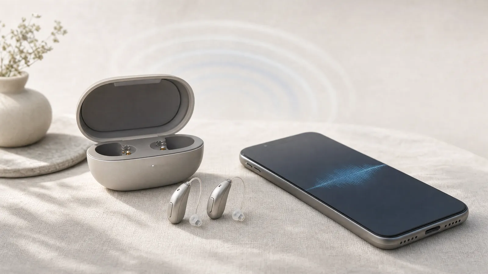 A pair of rechargeable hearing aids and their open charging case beside a smartphone showing an audio waveform