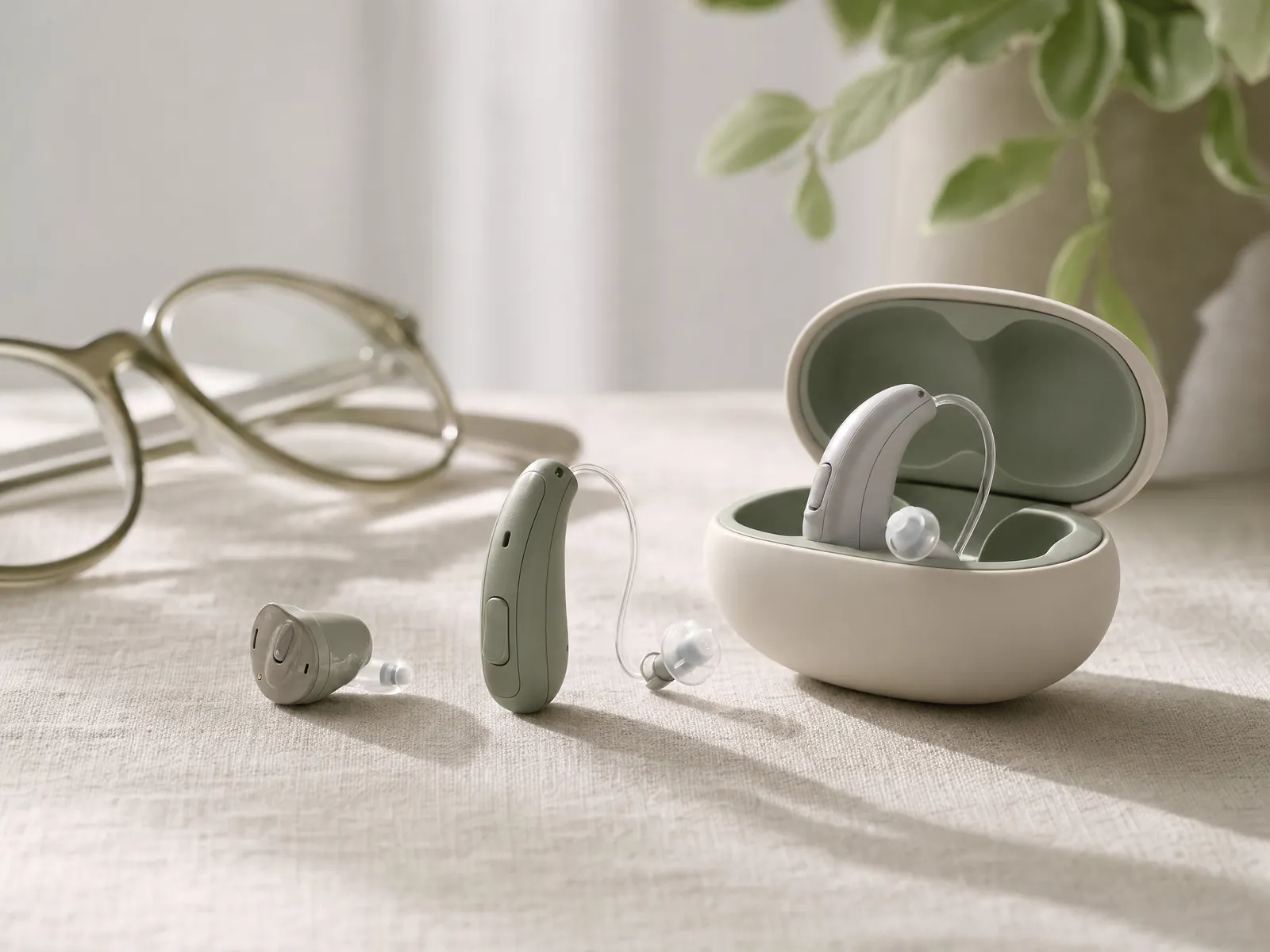 Three over-the-counter hearing aids in different styles arranged beside an open charging case on pale linen