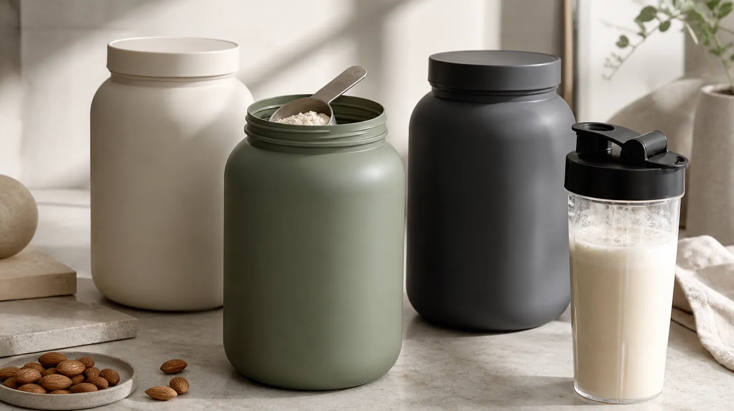 Three unbranded tubs of protein powder with a steel scoop and a glass shaker of vanilla shake