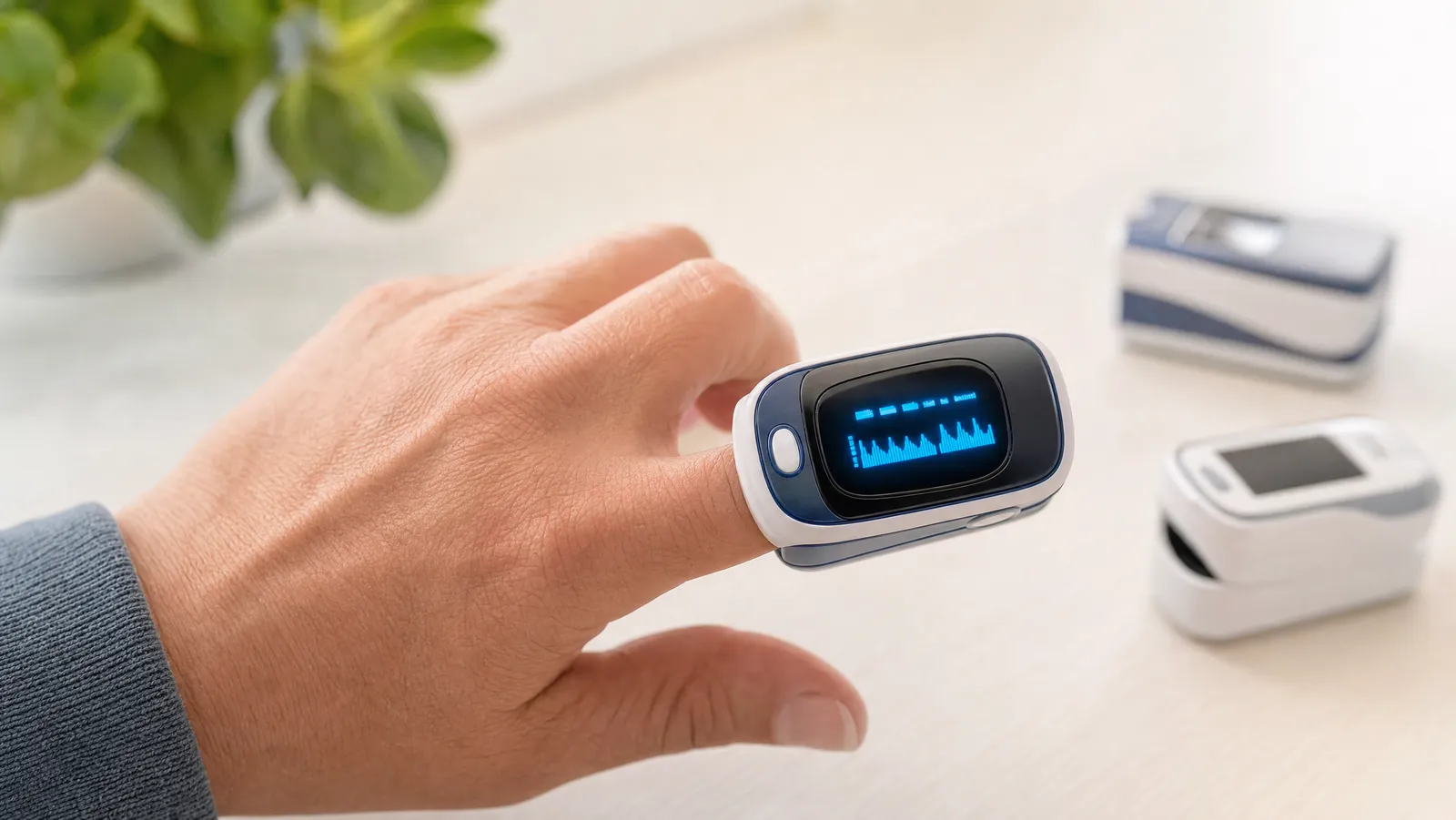 A fingertip pulse oximeter displaying an SpO2 reading on a person’s finger