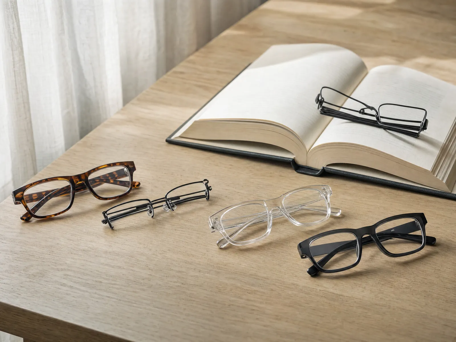 Four pairs of reading glasses in different frame styles arranged on a pale oak table beside an open book