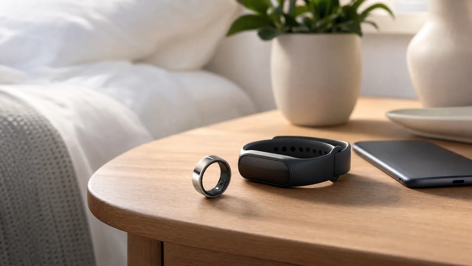 A smart ring and a slim fitness tracker watch on a nightstand in morning light