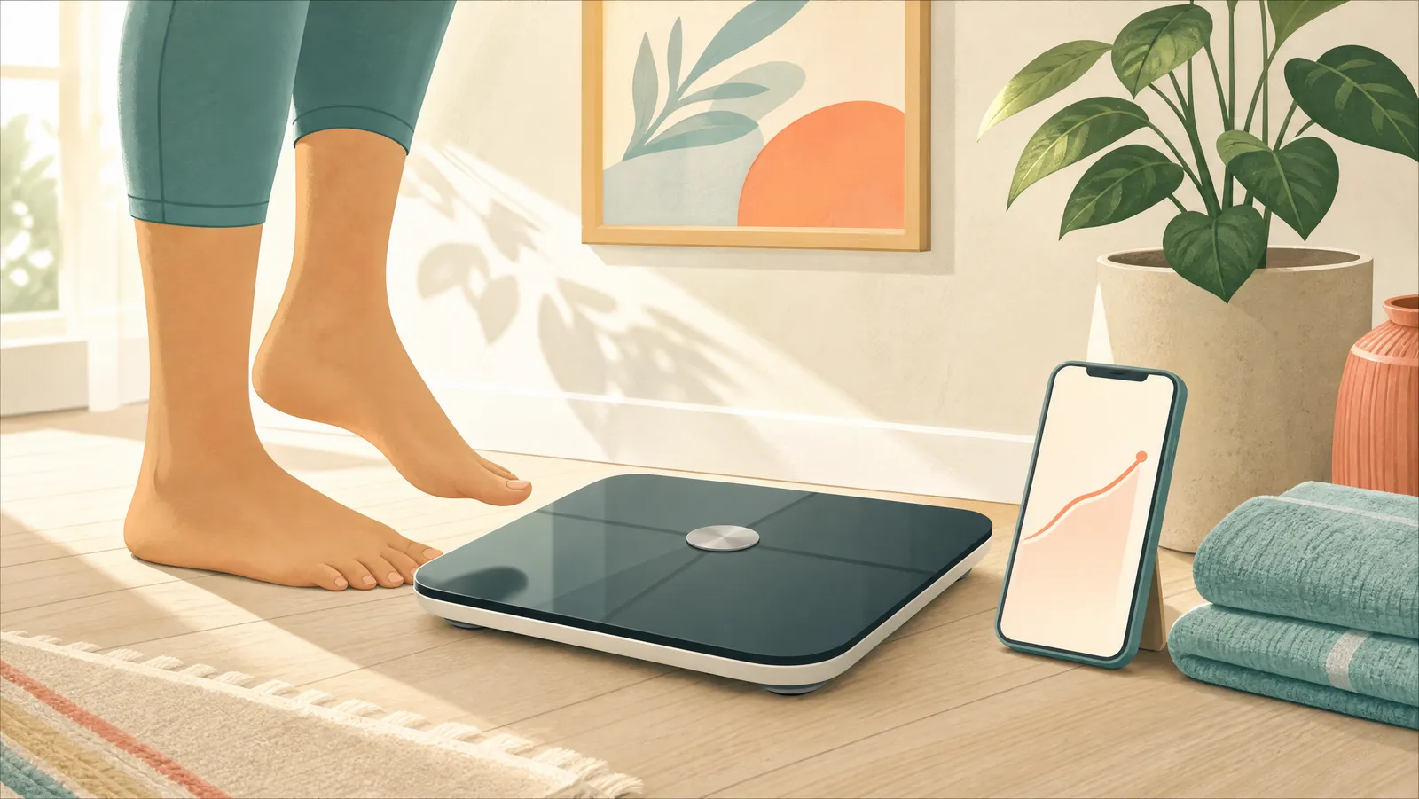 A smart bathroom scale on a wooden floor beside a smartphone showing a weight-trend graph