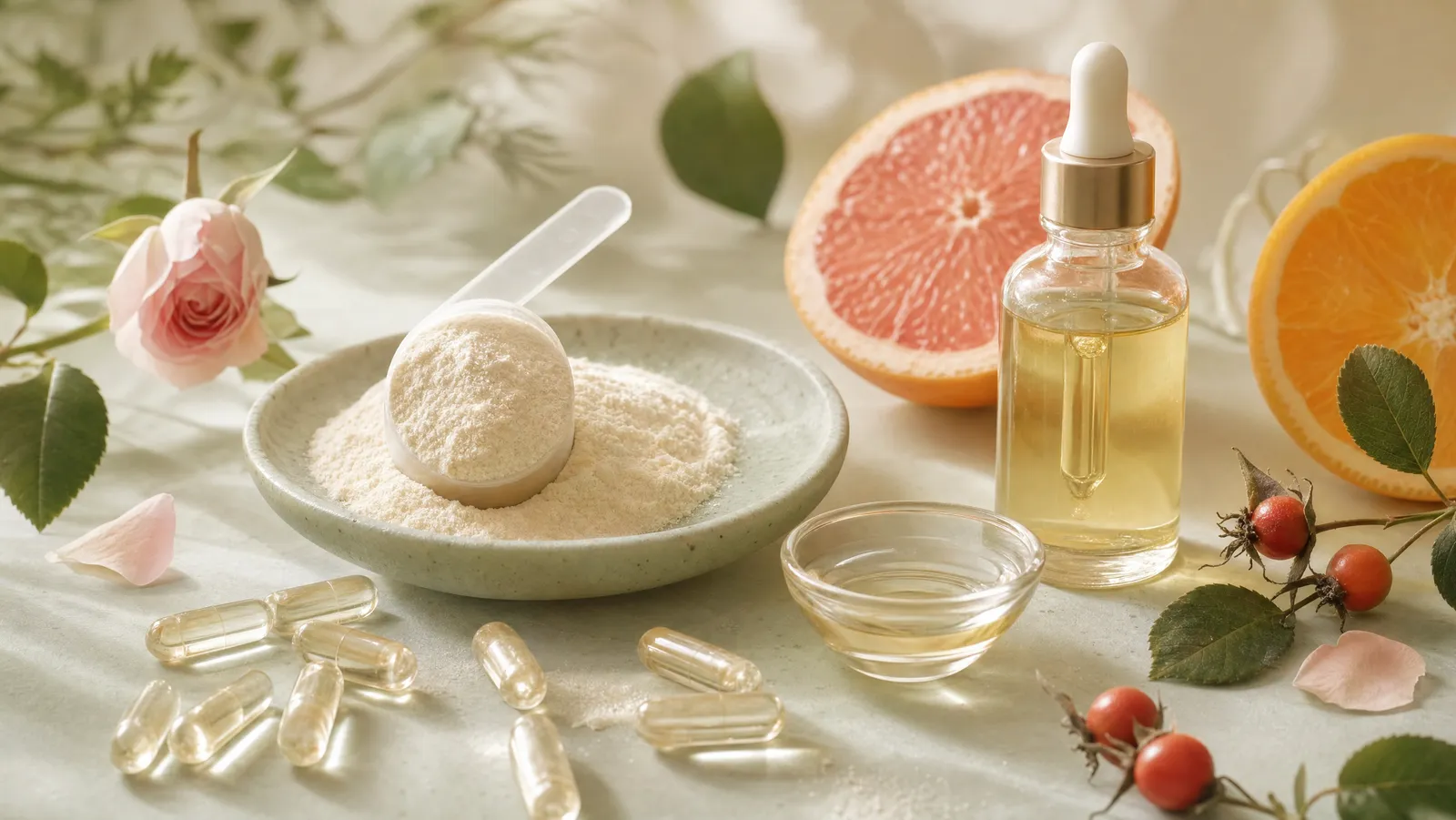Skincare supplements, a collagen scoop, and fresh citrus on a clean, bright surface