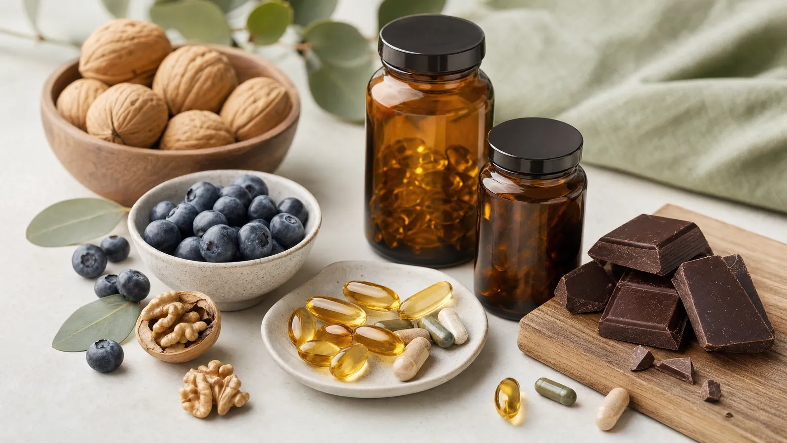 Omega-3 softgels and capsules beside walnuts and blueberries on a bright surface