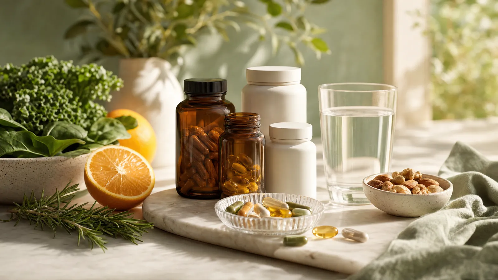 A neat arrangement of supplement bottles and capsules beside fresh fruit and a glass of water on a bright kitchen counter