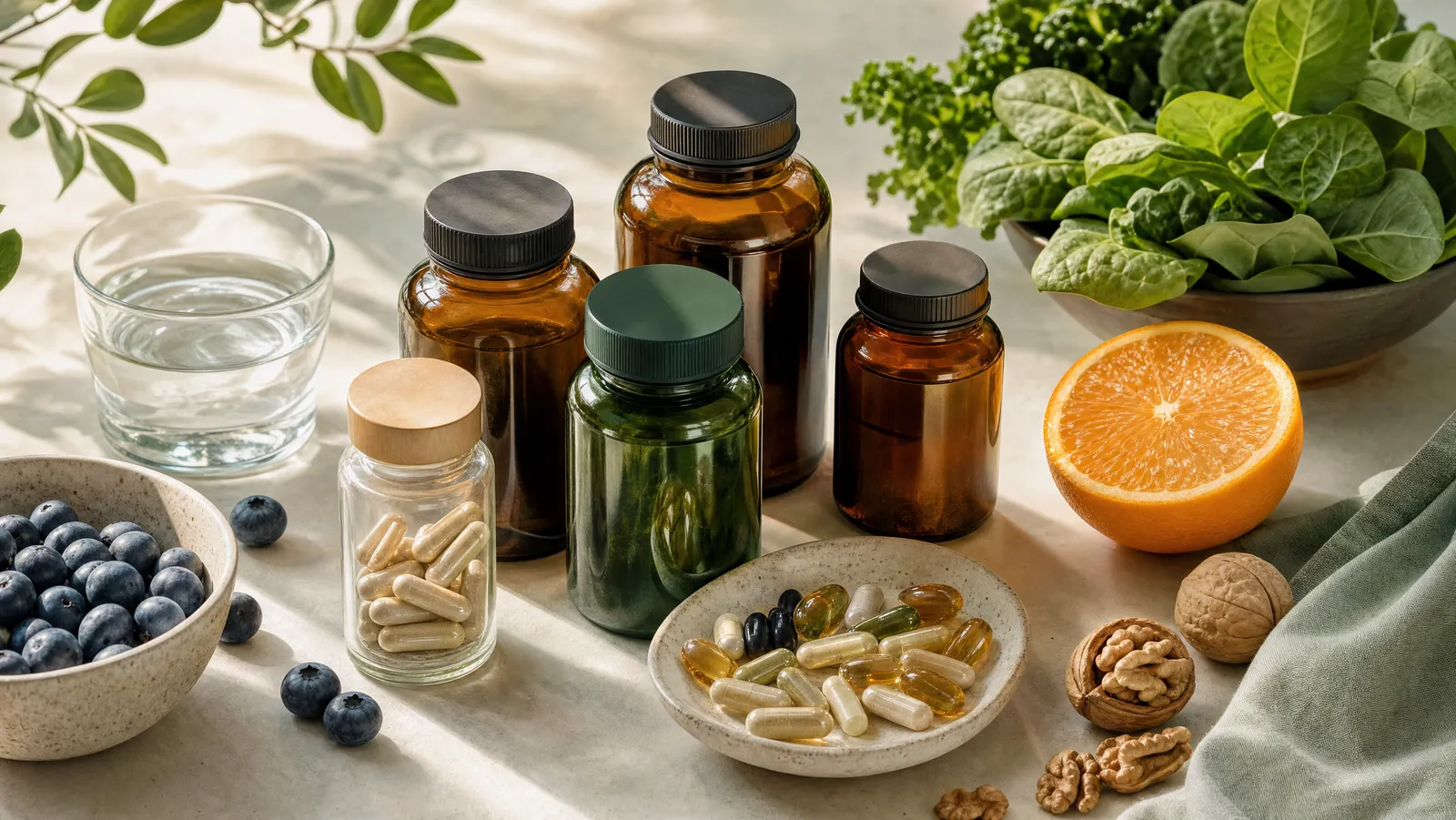 A flat-lay of longevity supplement bottles, capsules, and fresh produce on a sunlit surface
