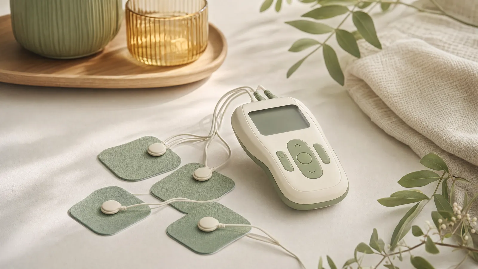 A handheld TENS unit with electrode pads on a clean surface