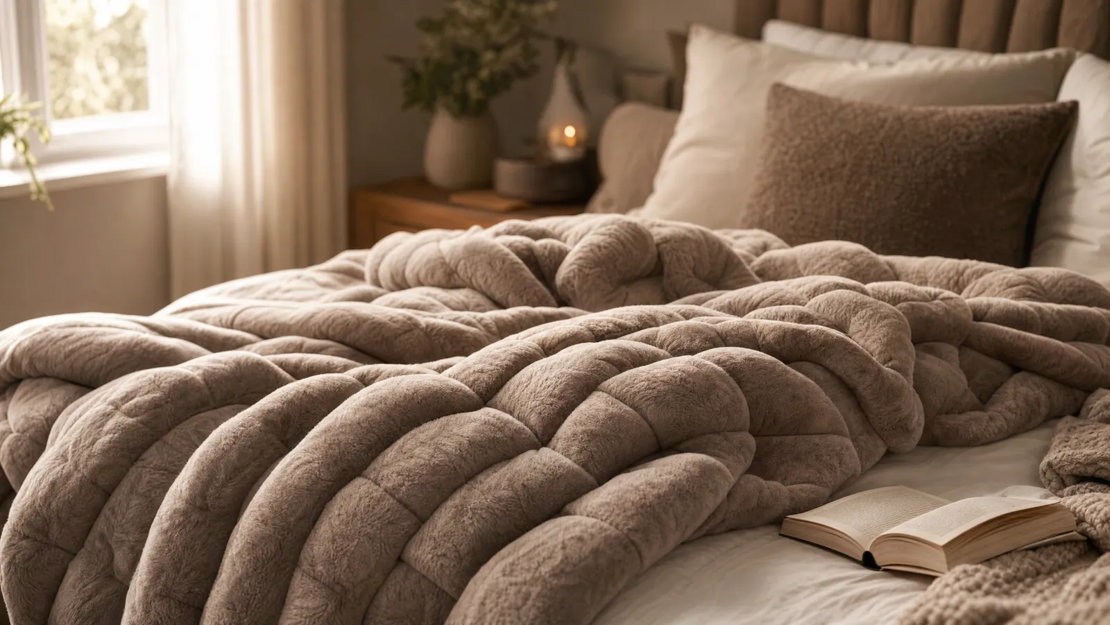 A soft chunky weighted blanket draped over a neatly made bed in warm light