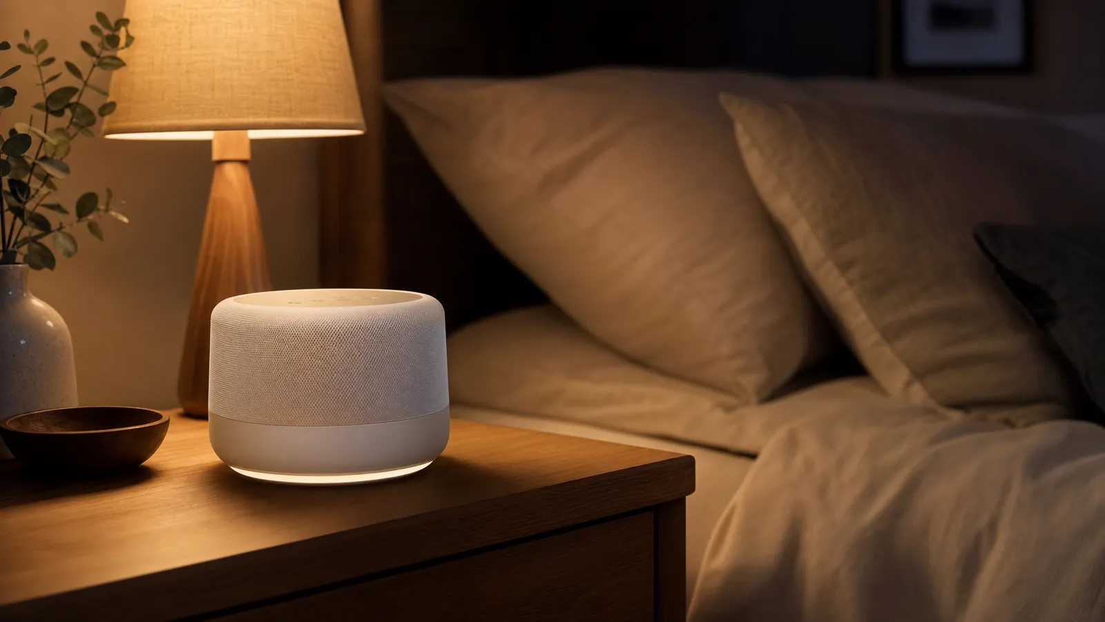 A modern white noise sound machine on a nightstand in a dim, calm bedroom
