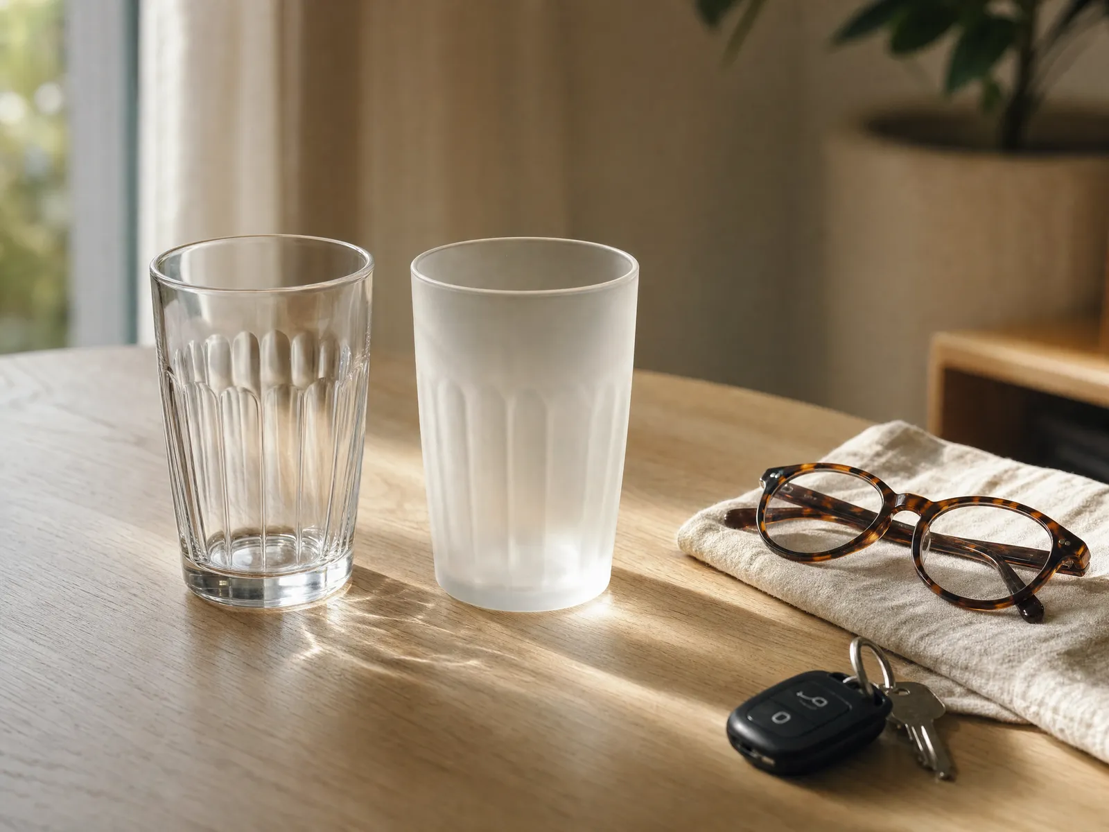 A clear drinking glass beside an identical frosted, clouded one on a pale oak table in warm window light, with folded tortoiseshell reading glasses and car keys nearby