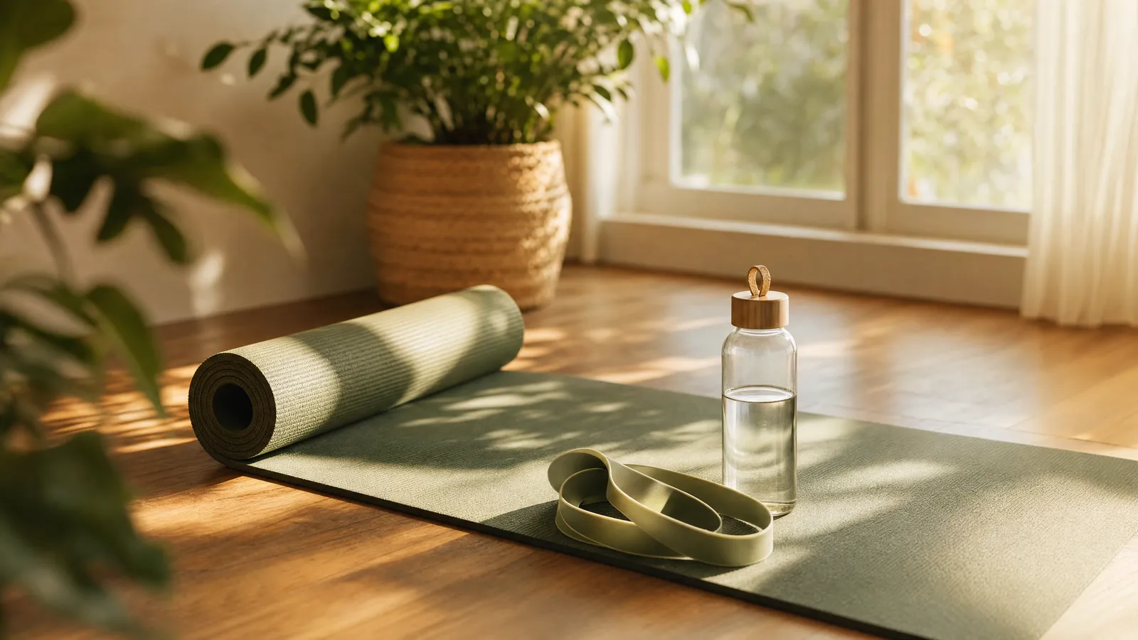 A person's mat with resistance bands set up for a gentle mobility routine in warm morning light