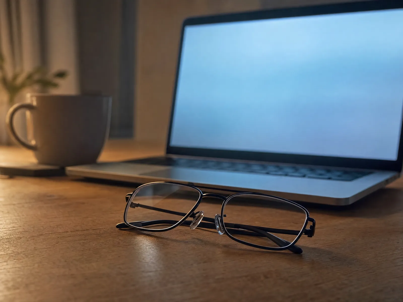 A pair of clear-lensed glasses folded on a wooden desk in front of a softly glowing laptop screen in the evening
