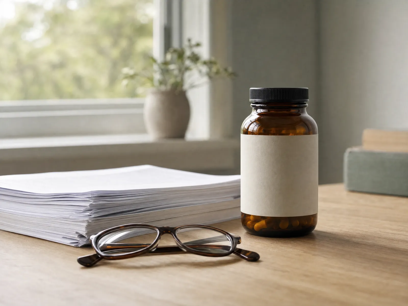 A single amber supplement bottle beside reading glasses and a stack of printed research pages