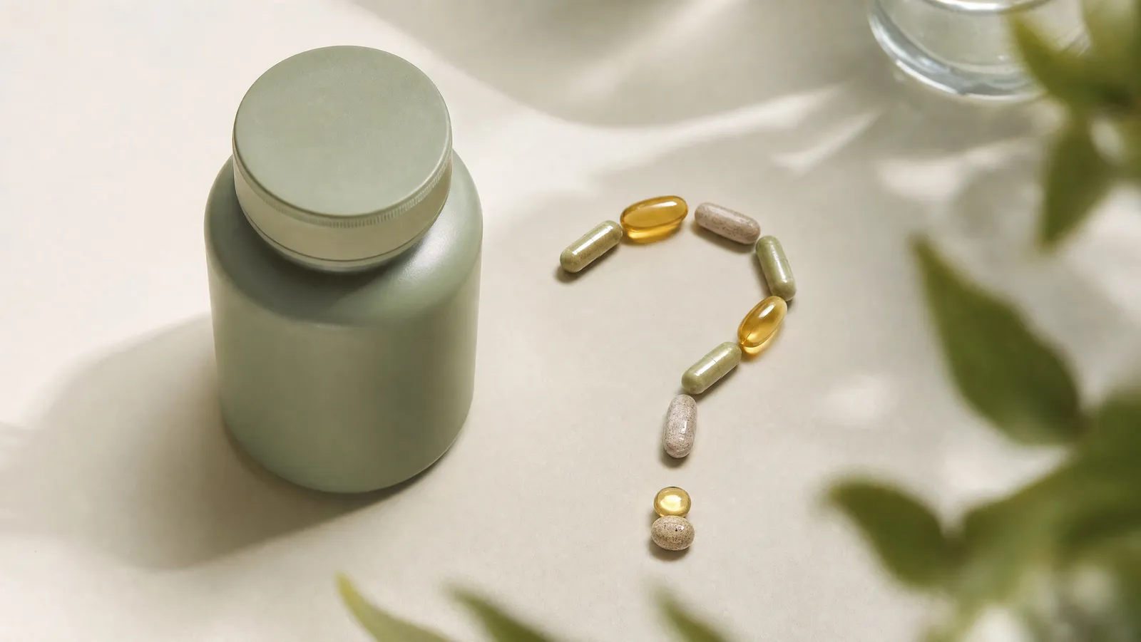 A question mark formed beside supplement capsules on a clean, bright surface