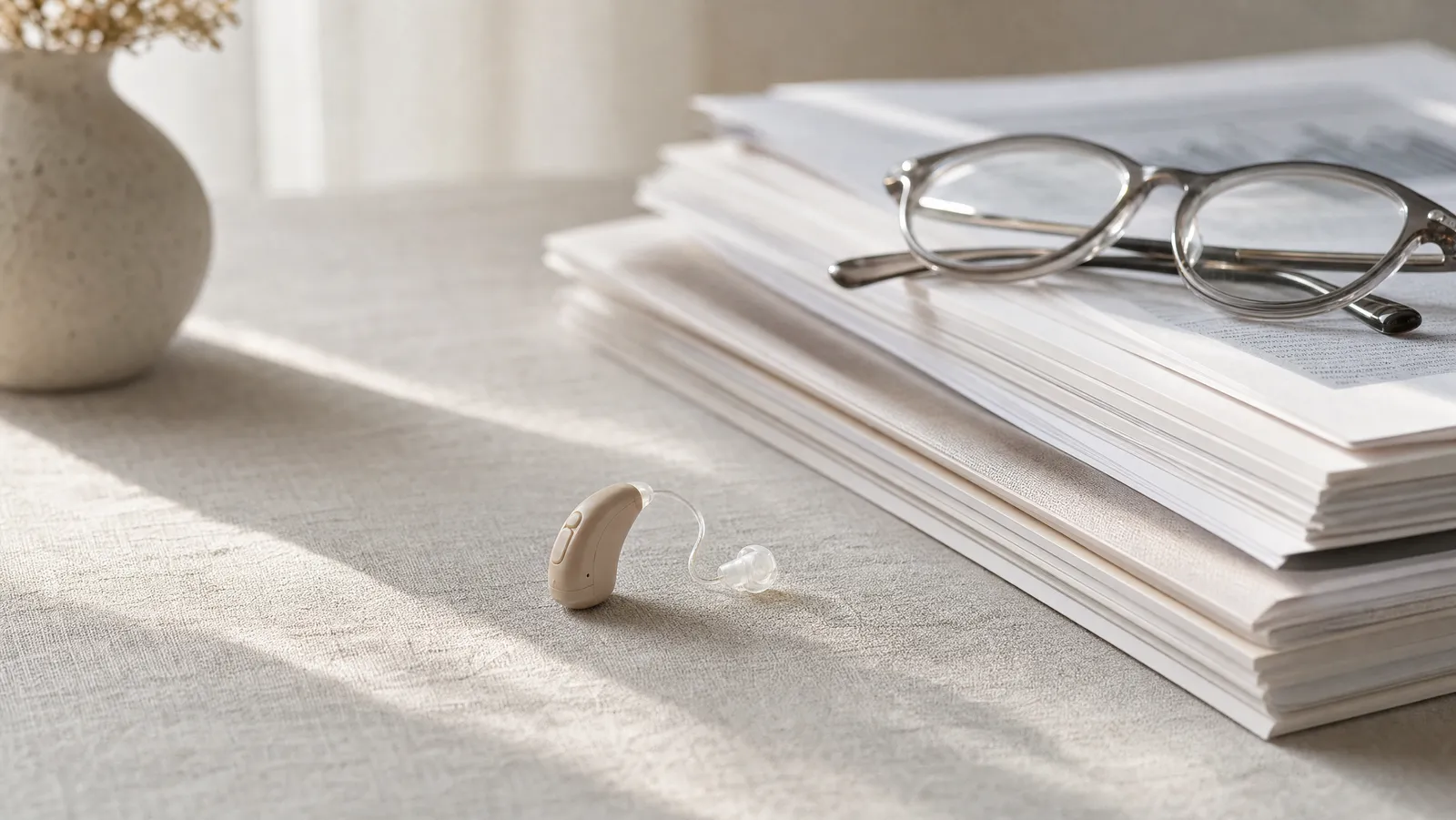 A single beige over-the-counter hearing aid resting on pale linen beside a stack of printed research pages and folded reading glasses