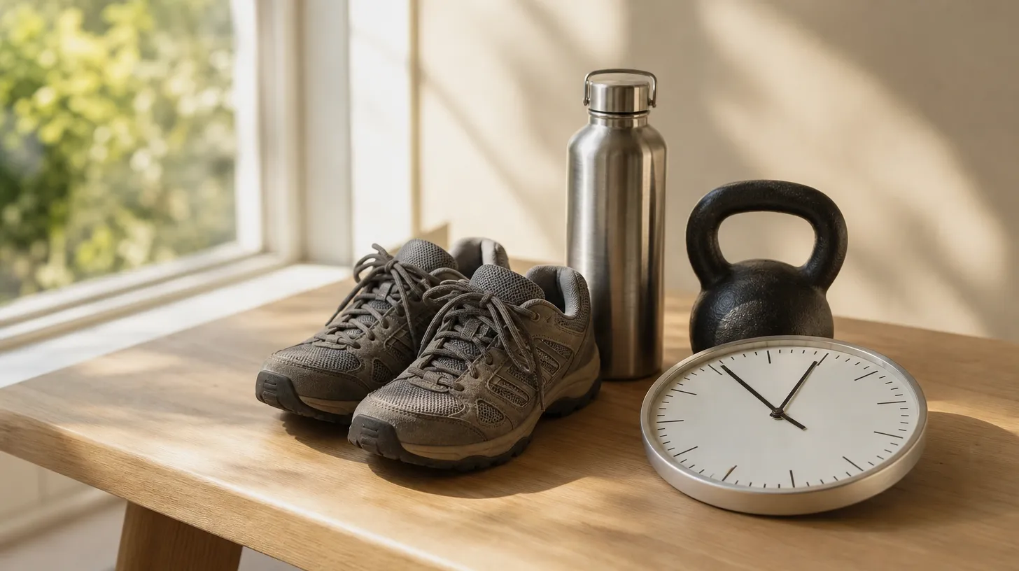 Walking shoes, a steel water bottle, a kettlebell and a wall clock on a sunlit wooden table