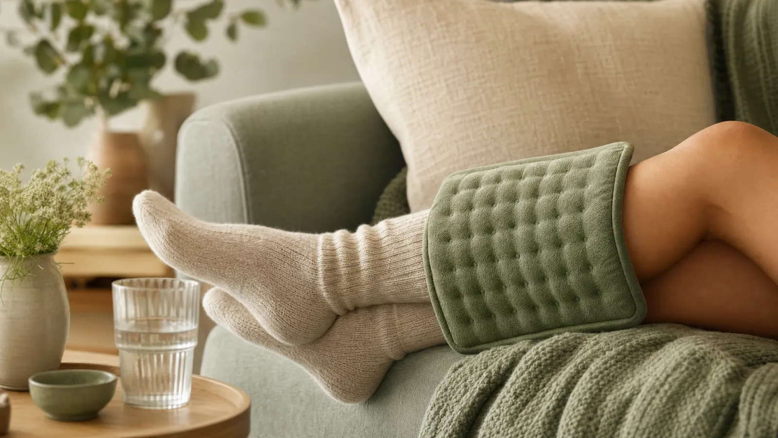 A person's legs resting with a heating pad and water nearby in a calm room