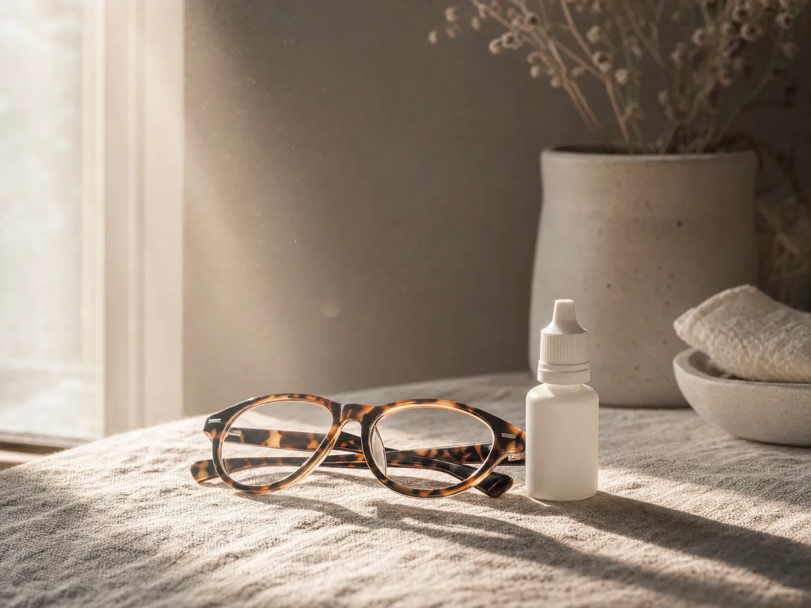 Folded tortoiseshell reading glasses and a small unlabeled dropper bottle resting on pale linen in late-afternoon window light