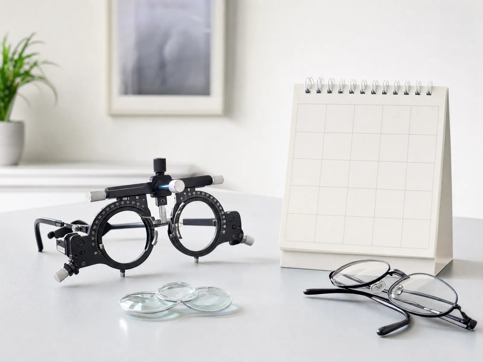An optometrist's black trial frame and loose lenses on a pale desk beside a blank desk calendar and folded reading glasses