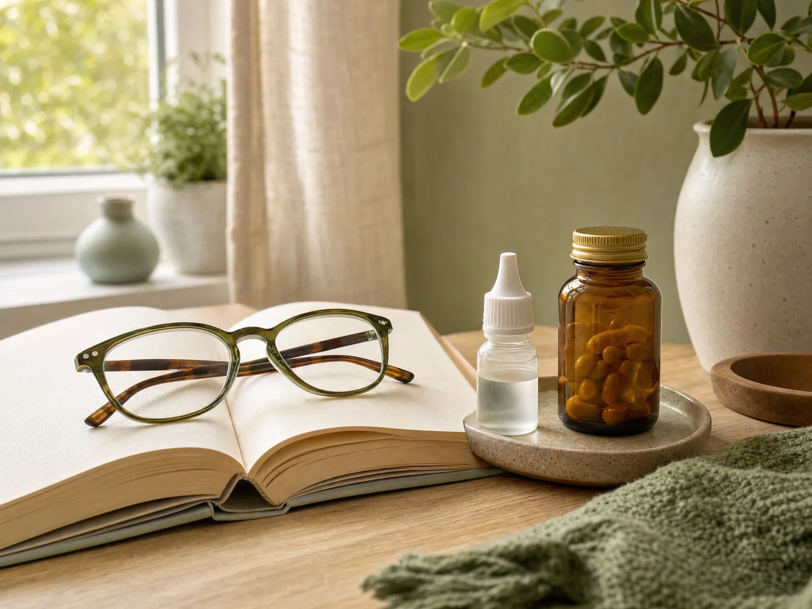 Reading glasses, eye drops and a supplement bottle on a sunlit wooden table