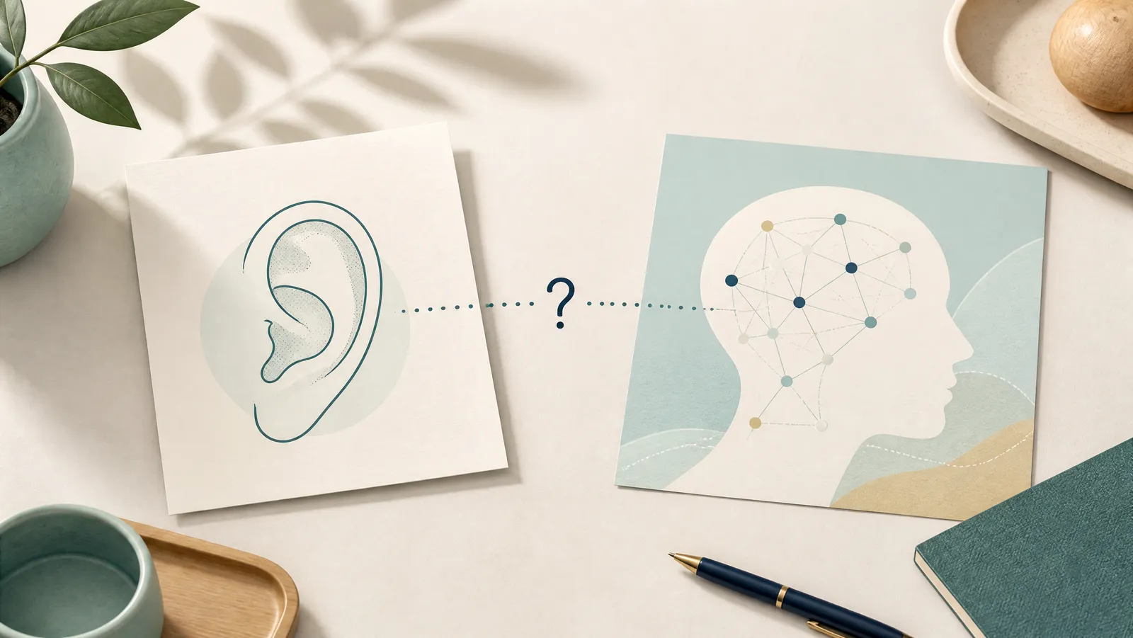 A line-art diagram of an ear on one side and an outlined head showing neural pathways on the other, joined by a dotted line with a question mark