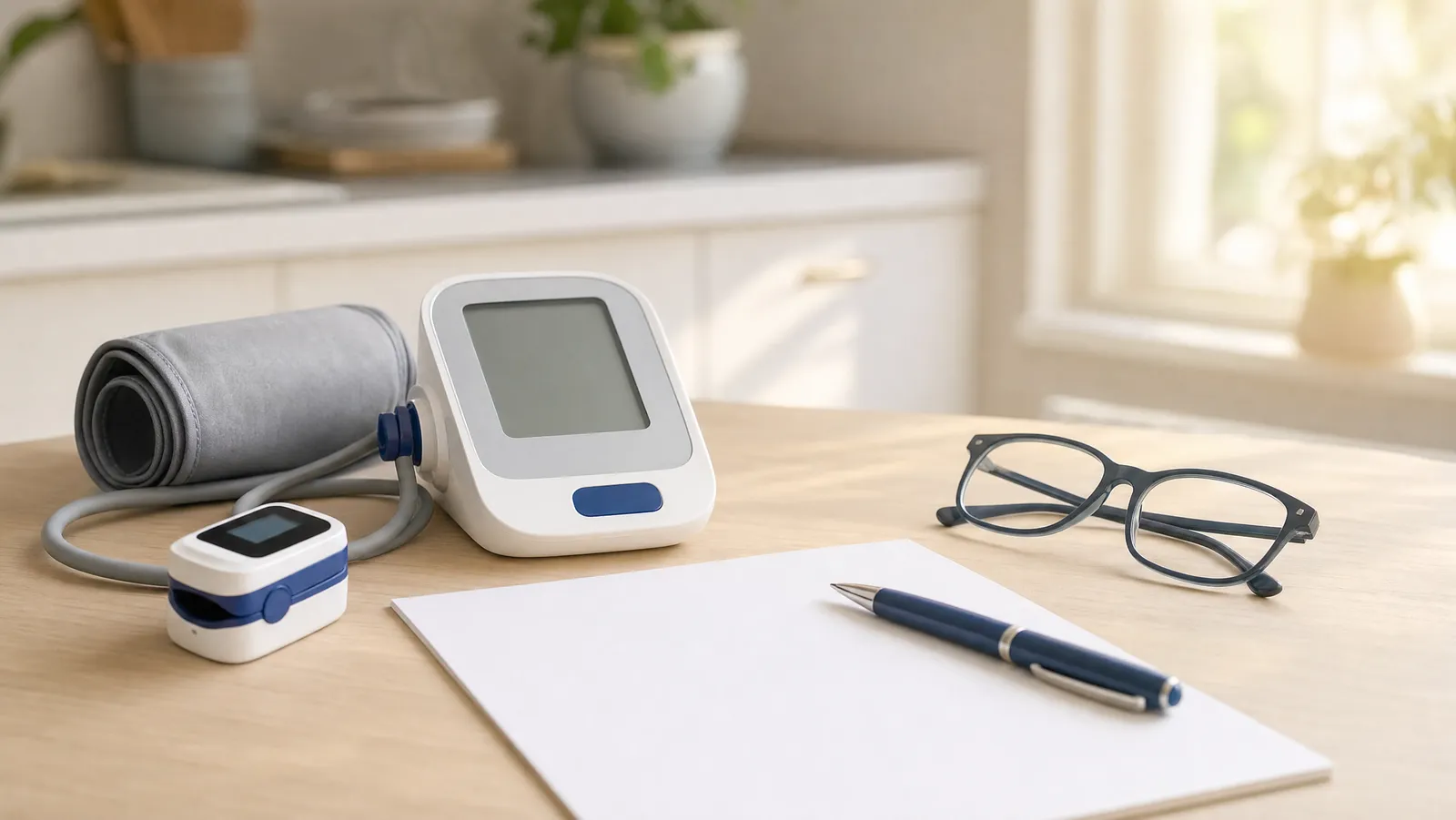 A home blood pressure monitor and pulse oximeter on a kitchen table beside a paper form, pen, and reading glasses